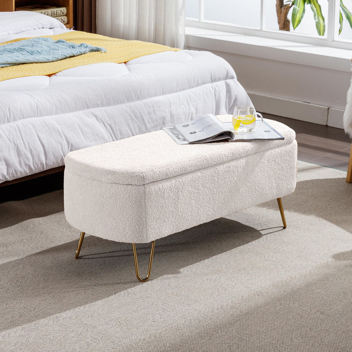 Giga storage ottoman bench with modern camel faux fur upholstery, padded top, and built-in storage for bedroom or living room.