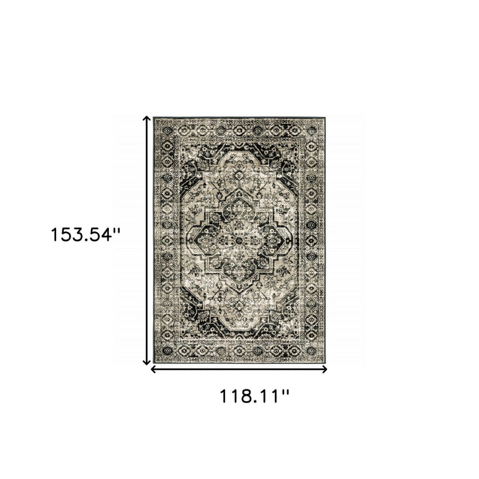 10' x 13' Oriental Power Loom Stain Resistant Area Rug - Black Gray Tan And Ivory