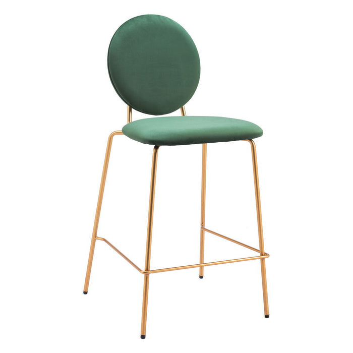 Set of two green velvet and gold steel counter height bar chairs by HomeRoots with padded seats and sleek modern design.