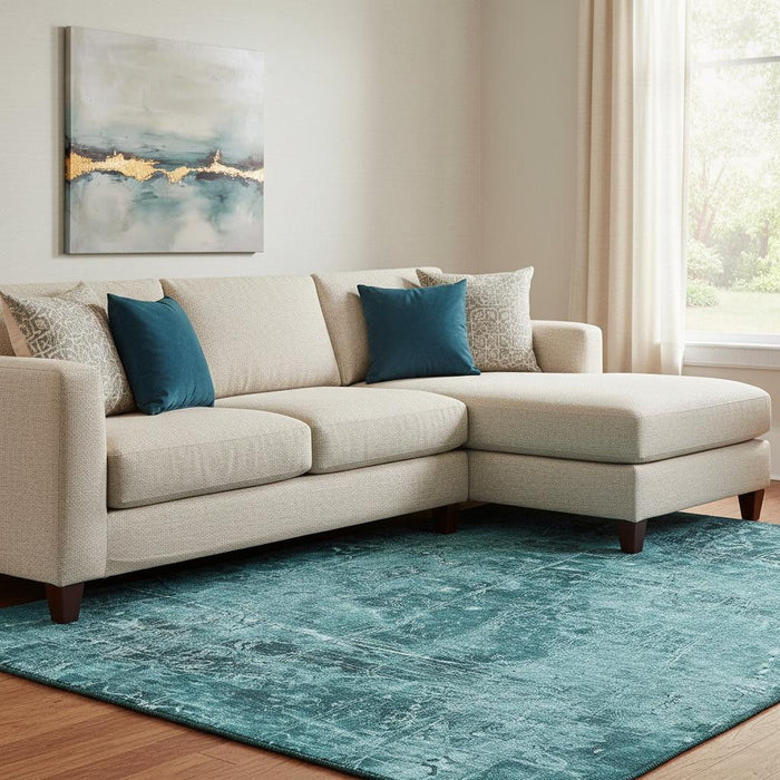 9' X 12' Abstract Washable Area Rug With UV Protection (649059) - Teal / Ivory
