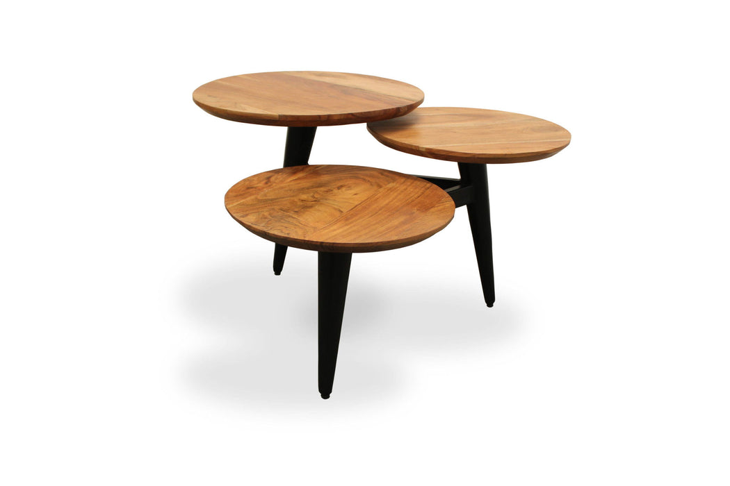 Solid Wood Round Distressed Coffee Table - Black And Natural Brown