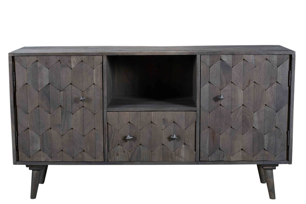 Dark gray carved geometric solid wood TV stand with open and enclosed storage compartments, designed by HomeRoots.
