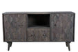 Dark gray carved geometric solid wood TV stand with open and enclosed storage compartments, designed by HomeRoots.
