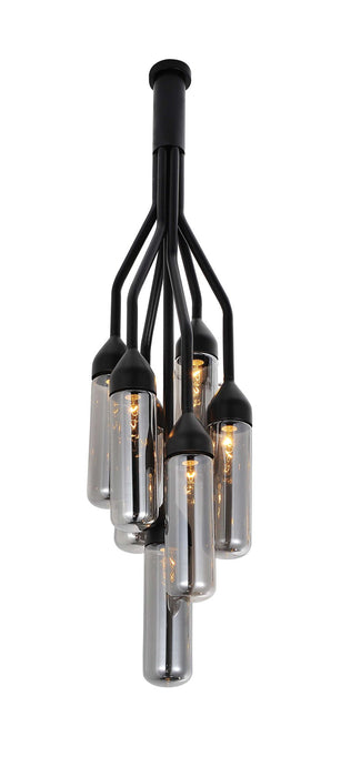 HomeRoots Shaded Empire Six Light metal and glass flush ceiling chandelier with black finish and clear shades, modern ceiling lighting fixture