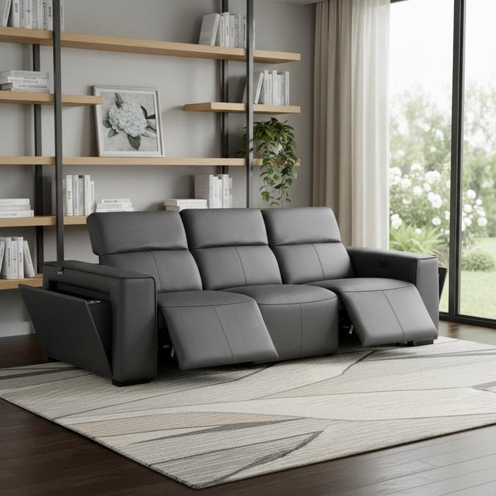 Top Grain Leather Reclining Metal USB Sofa (720388) - Dark Gray