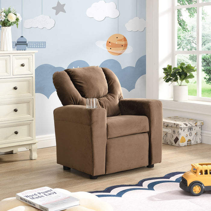 Brown Giga kids recliner chair with headrest, footrest, plush upholstery, and built-in cup holder for toddlers.