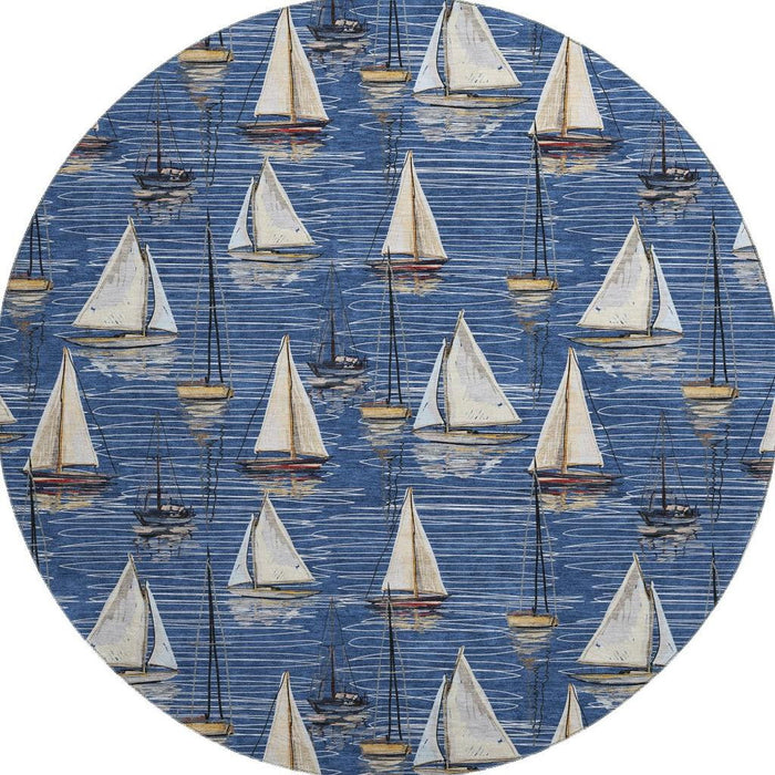 8' Nautical Washable Round Rug With UV Protection - Navy Blue