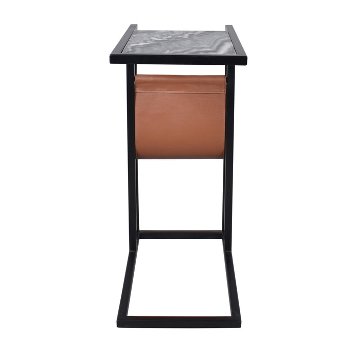 Marble Leather Iron End Table With Magazine Holder - Black / White / Brown