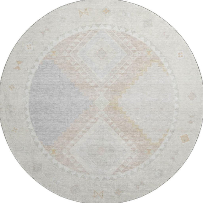 8' Geometric Washable Round Rug With UV Protection - Gray And Ivory