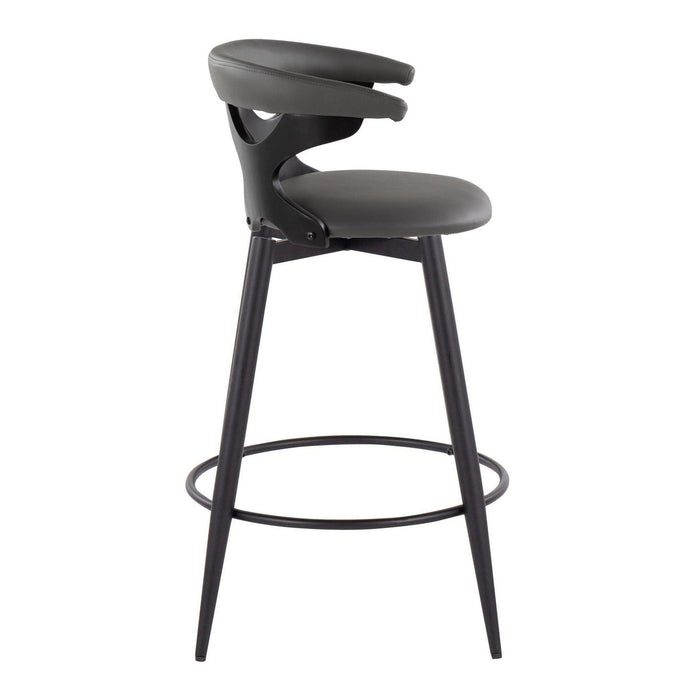 Gardenia - 25" Fixed-Height Counter Stool With Swivel And Rounded Black Metal Footrest (Set of 2) - Black Metal, Black Wood And Gray Faux Leather