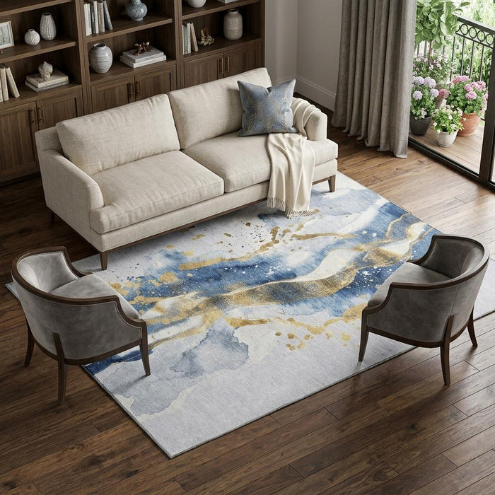 10' X 14' Abstract Washable Area Rug With UV Protection (694206) - Blue / Gold / Ivory