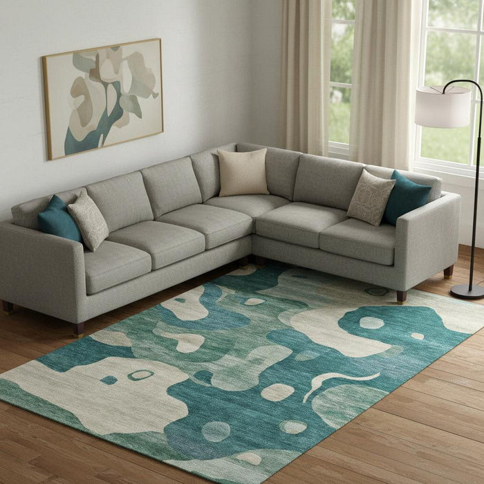 10' X 14' Abstract Washable Area Rug With UV Protection (716863) - Teal / Ivory