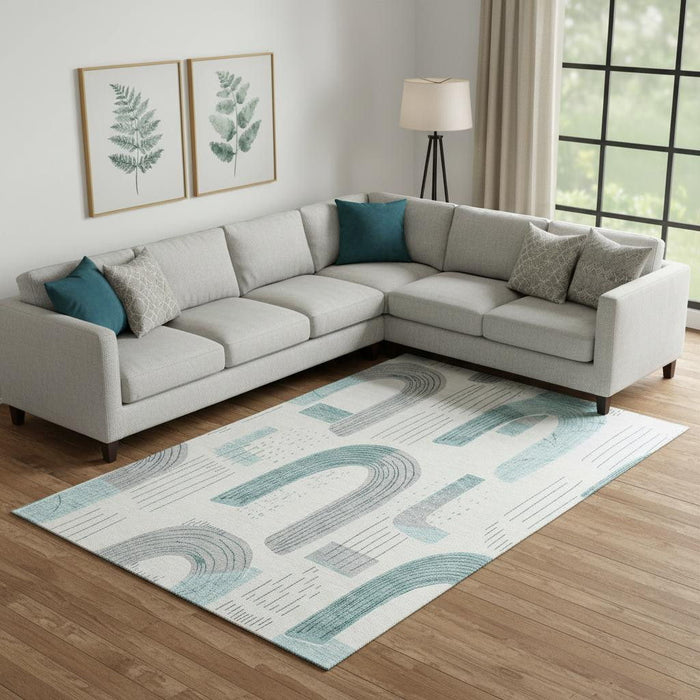 10' X 14' Geometric Washable Area Rug With UV Protection (697560) - Teal / Gray / Silver