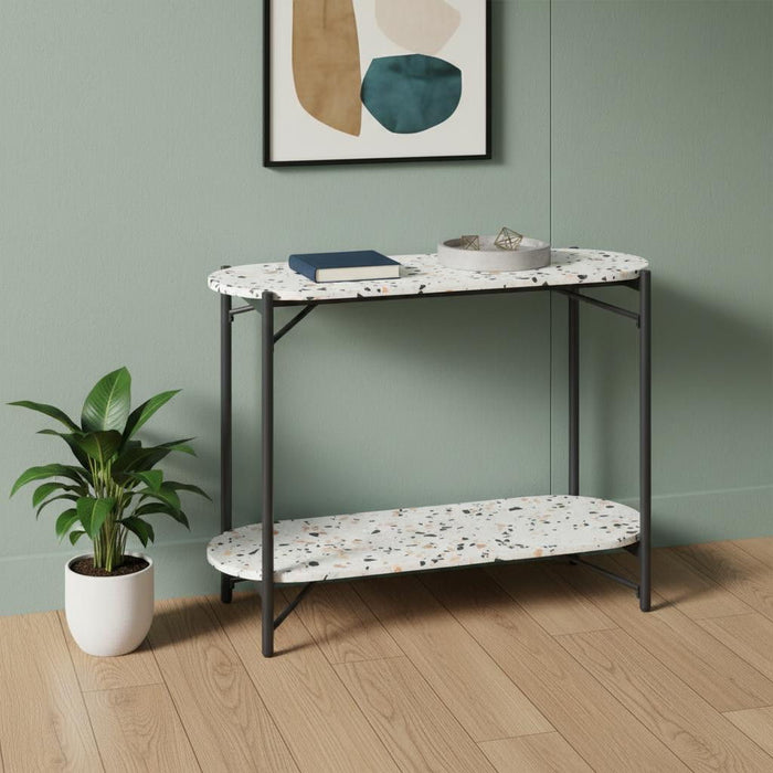 Faux Terrazzo Oval Console Table With Shelf - White / Black