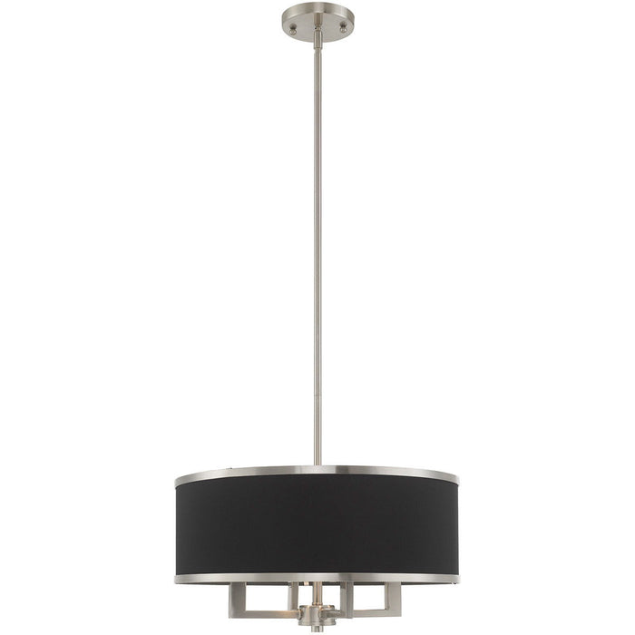 18-inch HomeRoots four-light dimmable chandelier with shades, featuring nickel and pearl silver finish, elegant ceiling lighting.