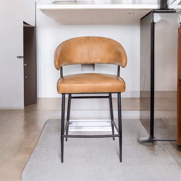 Genuine Leather Iron Low Back Counter Height Bar Chair - Tan / Black