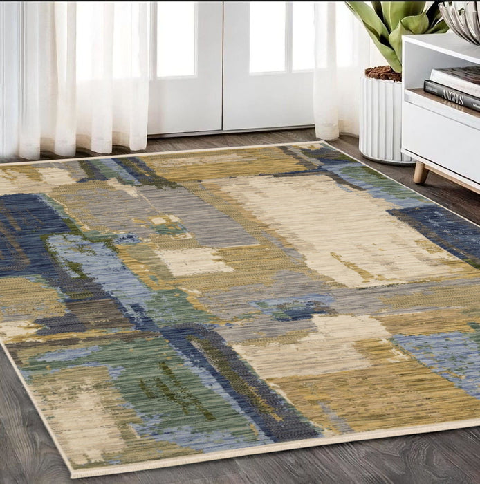 5' X 8' Abstract Area Rug With Fringe - Blue And Green