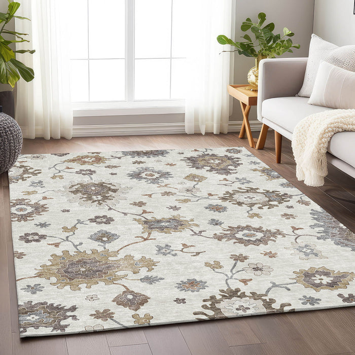 10' X 14' Floral Medallion Washable Area Rug With UV Protection - Ivory