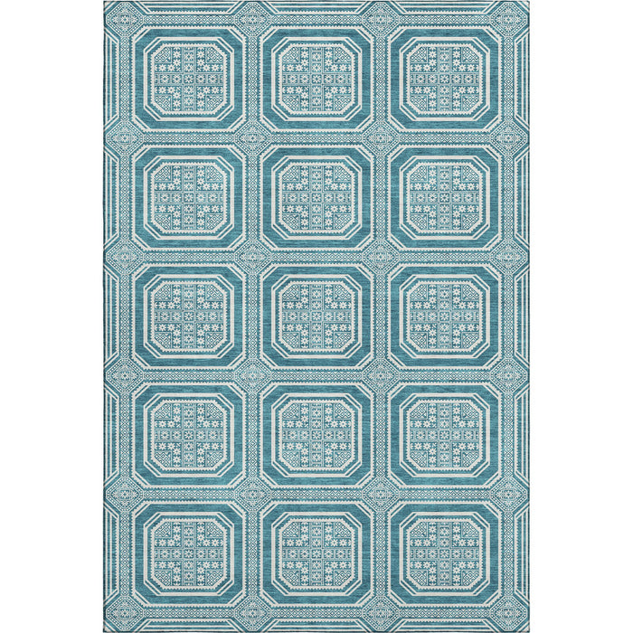 10' X 14' Geometric Washable Area Rug With UV Protection (693840) - Teal / Ivory