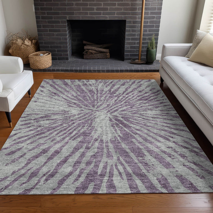 10' X 14' Zebra Print Washable Area Rug With UV Protection - Purple And Gray