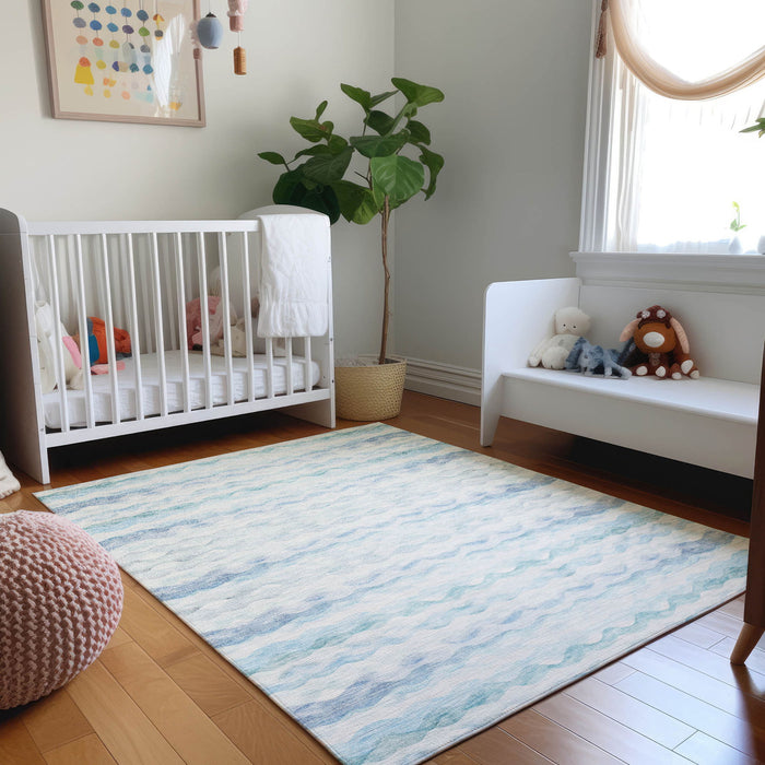 10' X 8' Coastal Geometric Washable Area Rug With UV Protection - Blue And Ivory