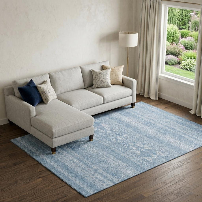 10' X 14' Southwestern Washable Area Rug With UV Protection (657449) - Sky Blue / Ivory