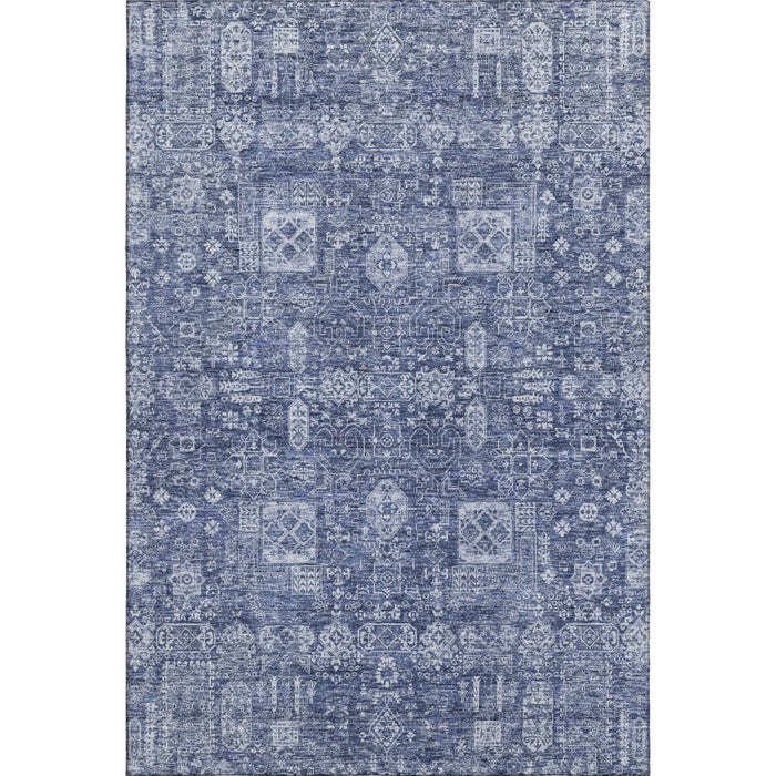 9' X 12' Floral Washable Area Rug With UV Protection (653403) - Navy Blue / Ivory