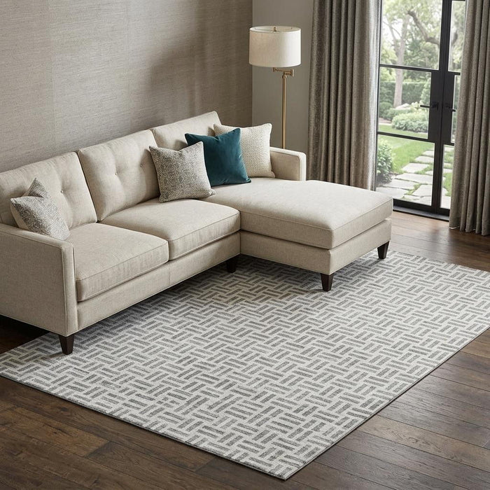 10' X 14' Geometric Washable Area Rug With UV Protection (677249) - Gray / Ivory