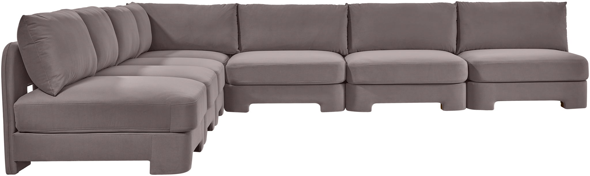 Velvet performance fabric upholstered Meridian Furniture 7-piece armless sectional sofa in a stationary living room setup.