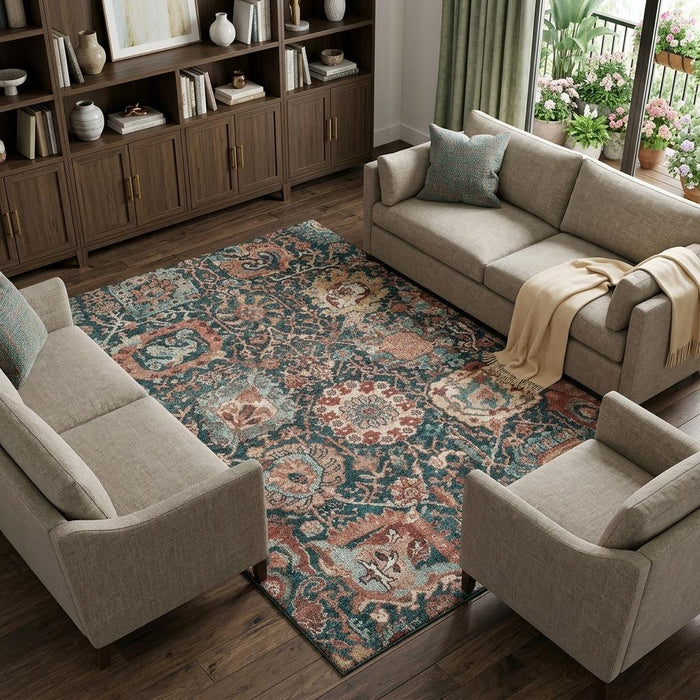 10' X 14' Damask Washable Area Rug With UV Protection (692988) - Salmon / Teal / Peach