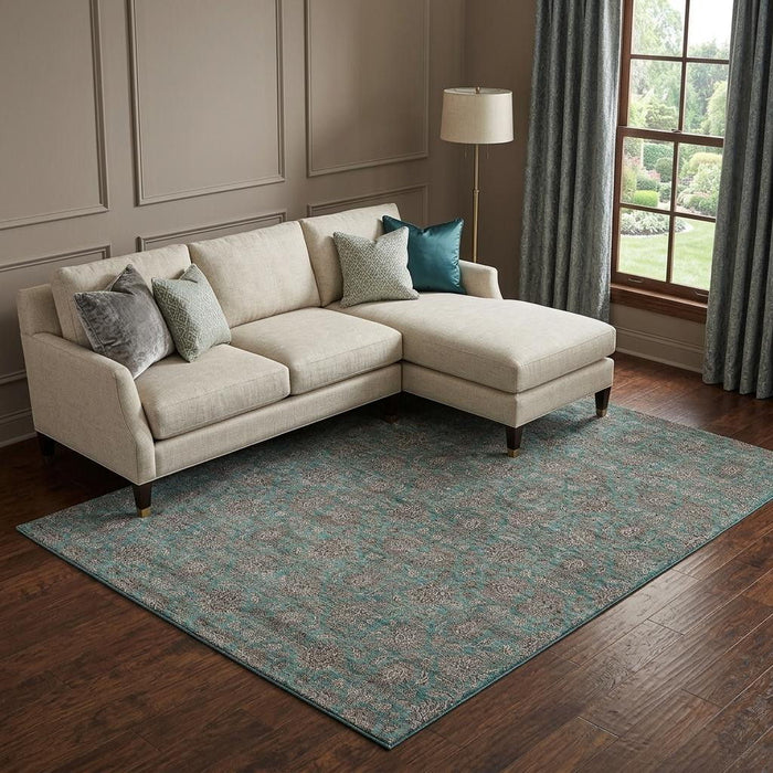 10' X 14' Floral Washable Area Rug With UV Protection (656861) - Teal / Beige