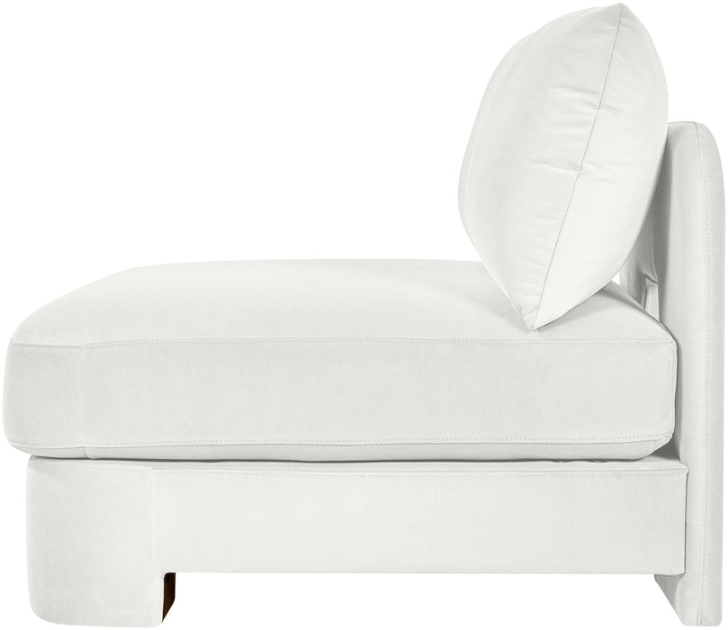 Meridian Furniture velvet performance fabric upholstered armless stationary chair with plush cushioning and modern design.