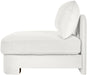 Meridian Furniture velvet performance fabric upholstered armless stationary chair with plush cushioning and modern design.