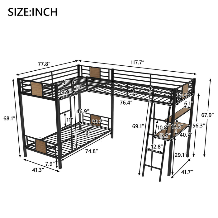Giga brown L-shaped twin over twin bunk bed with loft, desk, and shelf showcasing the sturdy wooden frame and built-in workspace.