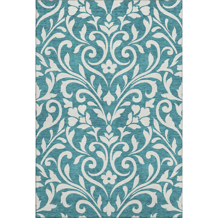 10' X 14' Floral Washable Area Rug With UV Protection (669666) - Teal / Ivory