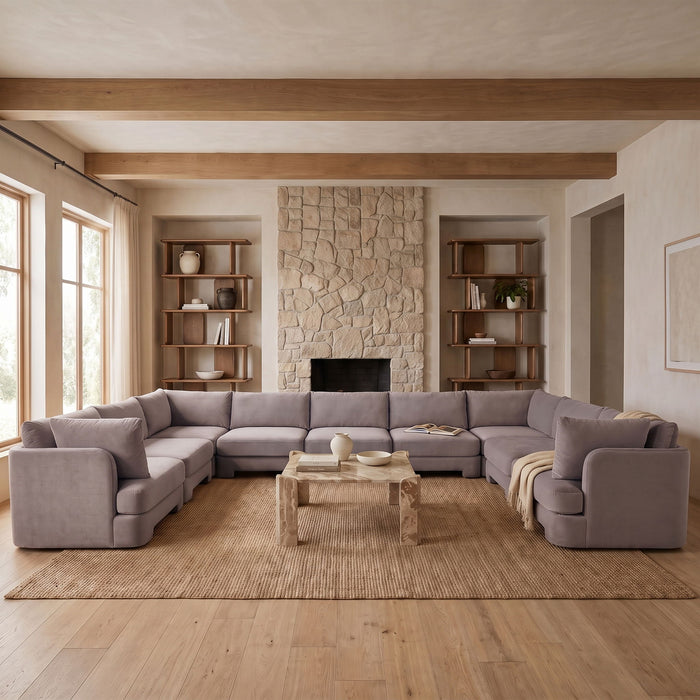 Meridian Furniture Hammond velvet performance fabric 9-piece sectional sofa with plush cushions and modern design.