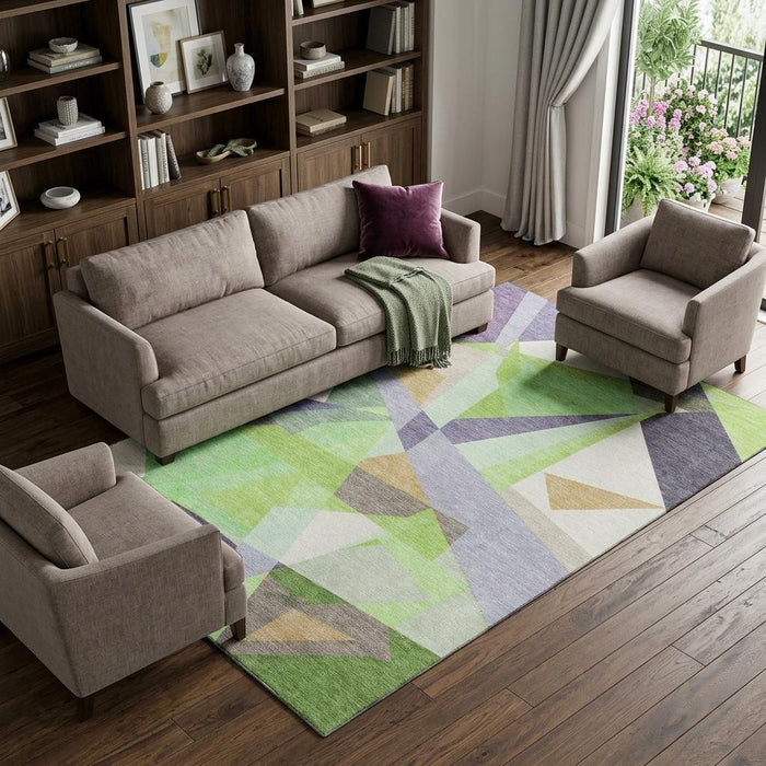 10' X 14' Geometric Washable Area Rug With UV Protection (696542) - Lavender / Green / Ivory