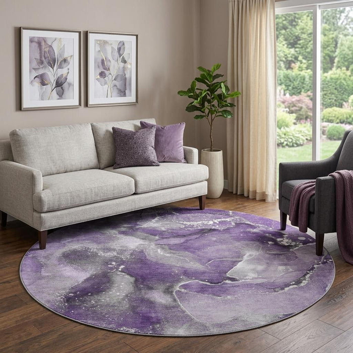 8' Abstract Washable Round Rug With UV Protection (647245) - Purple / Ivory