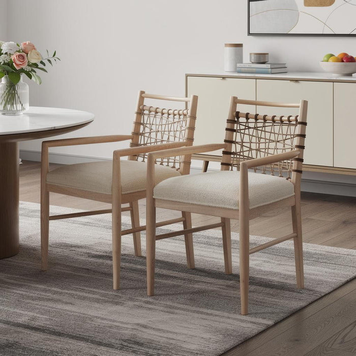 Upholstered Fabric Solid Wood Open Back Dining Arm Chairs (Set of 2) - Ivory / White