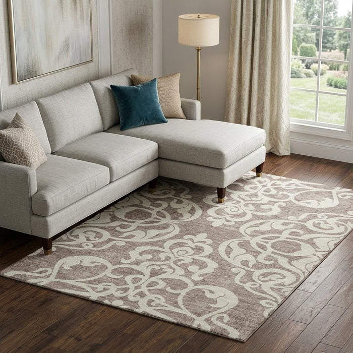 10' X 14' Damask Washable Area Rug With UV Protection (676956) - Taupe / Ivory
