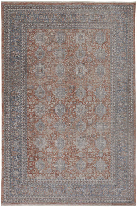 8' x 10' Oriental Power Loom Worn Faded Area Rug With Fringe - Blue And Red