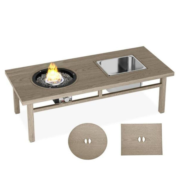 Giga 3-in-1 outdoor propane fire pit table with beige finish, 50,000 BTU, built-in ice bucket and spacious tabletop.