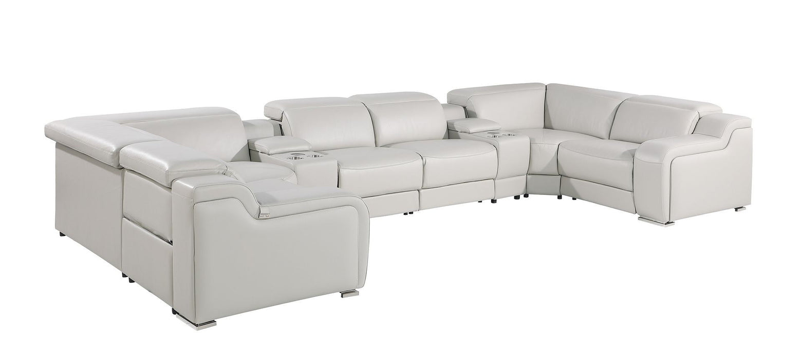 Italian Leather Power Reclining U-Shaped Eight Piece Corner Sectional With Console - Light Gray