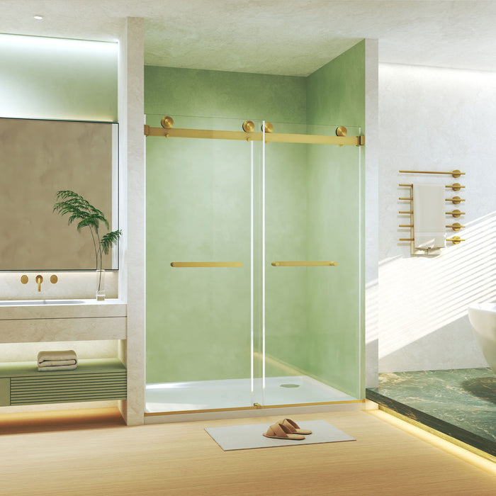 Giga frameless double sliding shower door with tempered glass, brushed gold square tube track, explosion proof film for safety.