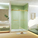 Giga frameless double sliding shower door with tempered glass, brushed gold square tube track, explosion proof film for safety.