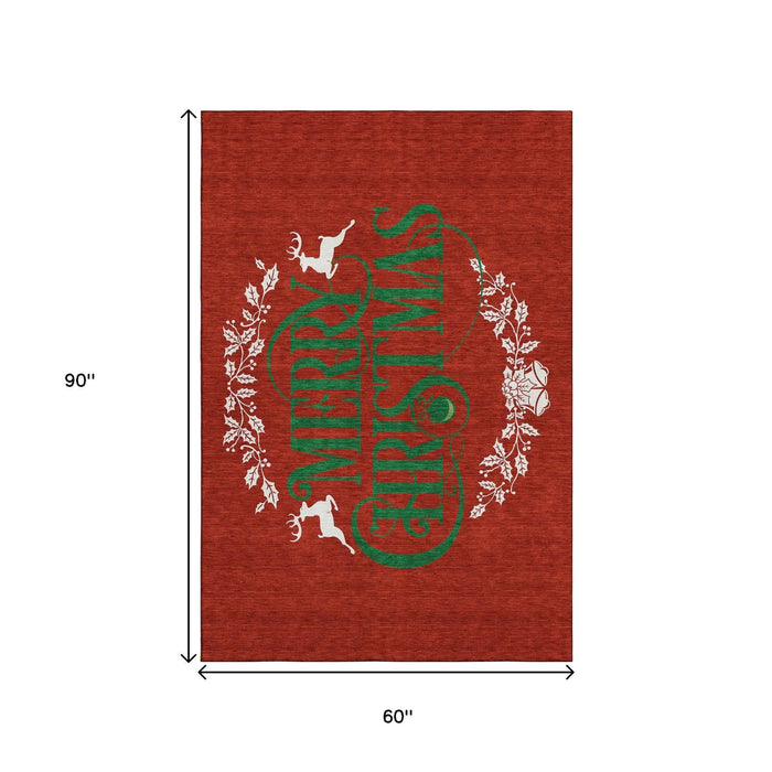 5' X 8' Christmas Washable Area Rug With UV Protection (646435) - Green / Ivory / Ruby Red