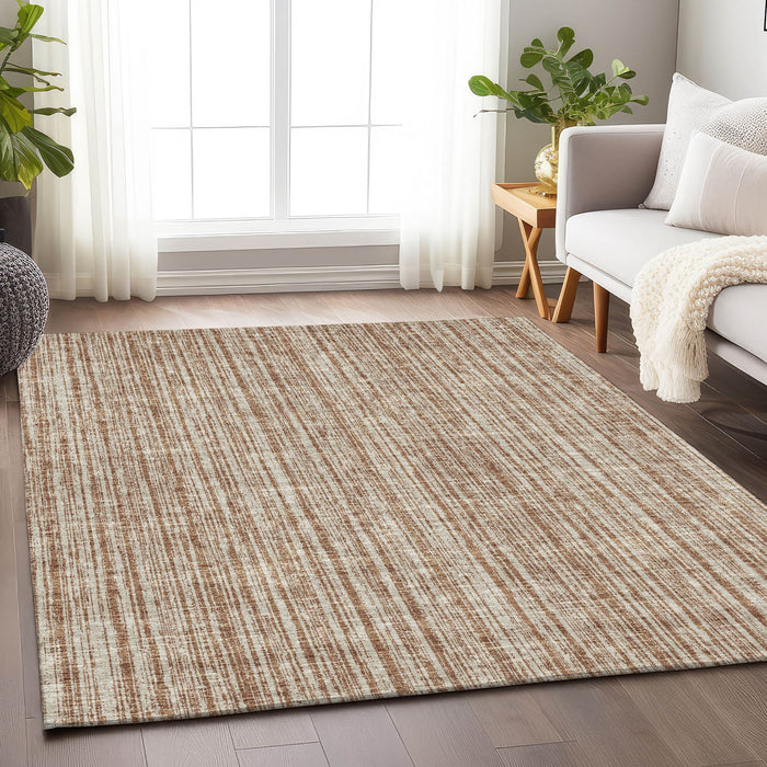 10' X 14' Striped Washable Area Rug With UV Protection - Rust And Beige