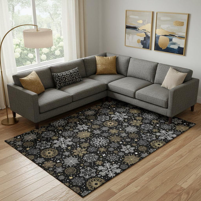 10' X 14' Abstract Geometric Washable Area Rug With UV Protection (702262) - Black / Gold / Ivory