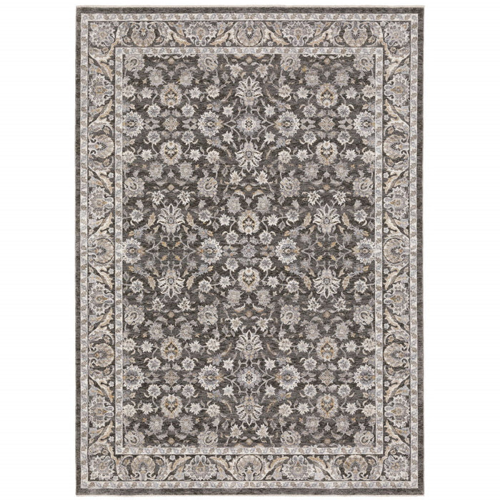 7.9' x 11.2' Oriental Power Loom Stain Resistant Area Rug With Fringe - Grey And Ivory