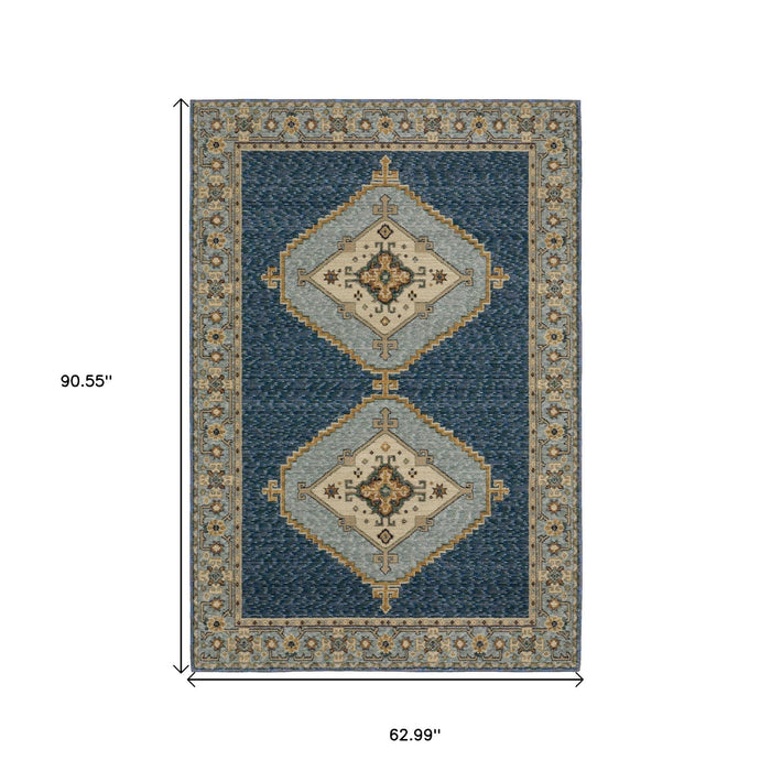 5' X 7' Medallion Area Rug - Blue And Gold